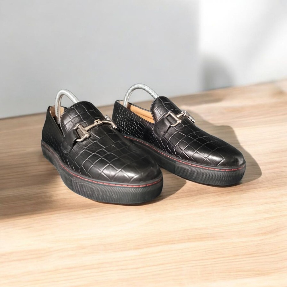 Marc Nolan Men's Size 6 Boardwalk Black Crocskin Leather Horse-Bit Sneakers